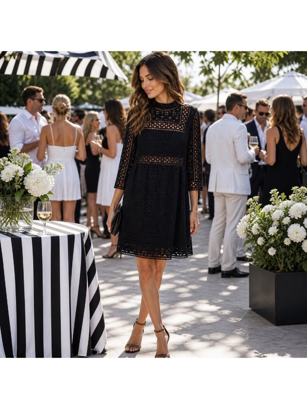 Sea New York Eyelet Half Sleeve Dress Short Women Black Cocktail Party Ruffle 6